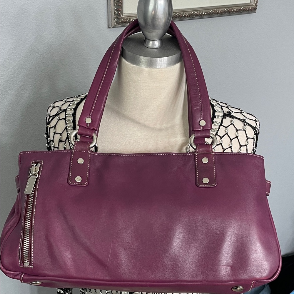 Perlina Elegant Purple Leather E/W Double Handle Satchel with Silver Hardware
